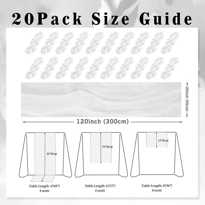 10FT 20 Pack White Cheesecloth Table Runner 20 x 120 Inch Long Rustic Gauze - Image 2