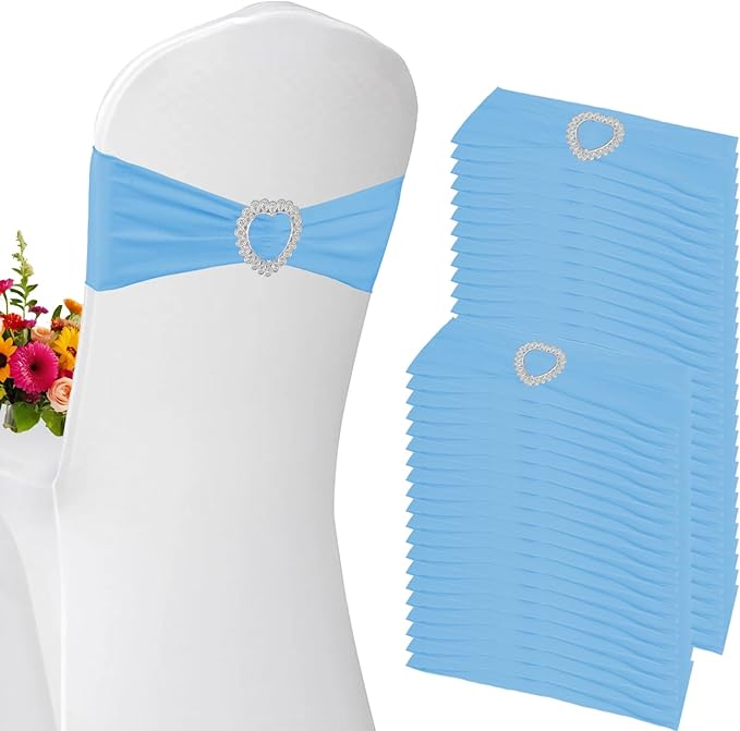 100 Pack Spandex Stretch Blue Chair Sashes Bows Universal Elastic Light Blue by Zrlljp