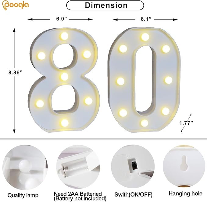 Pooqla 80th Birthday Decoration fors Her Him, 35 Colors LED Light Up Numbers - Image 5