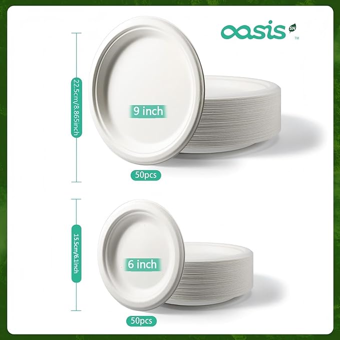 100-Pack Compostable Paper Plates Set – Includes 6" & 9" Heavy-Duty Sugarcane - Image 3