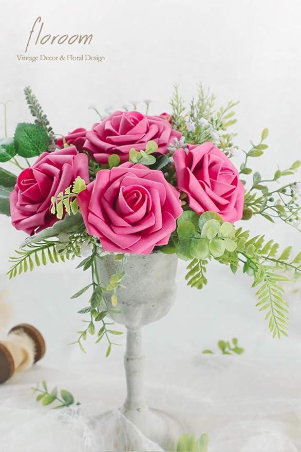 Floroom Artificial Flowers 25pcs Real Looking Hot Pink Foam Fake Roses - Image 5