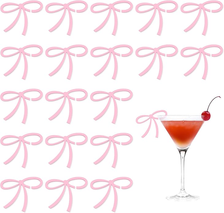 24 Pcs Pink Bow Drink Markers, Wine Coquette Wine Glass Tags, Drink Glasses by Unknown