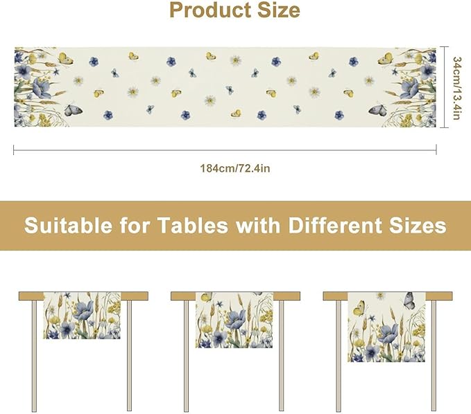 Floral Table Runner, Spring Watercolor Flower Plants Nature Butterfly Table - Image 3