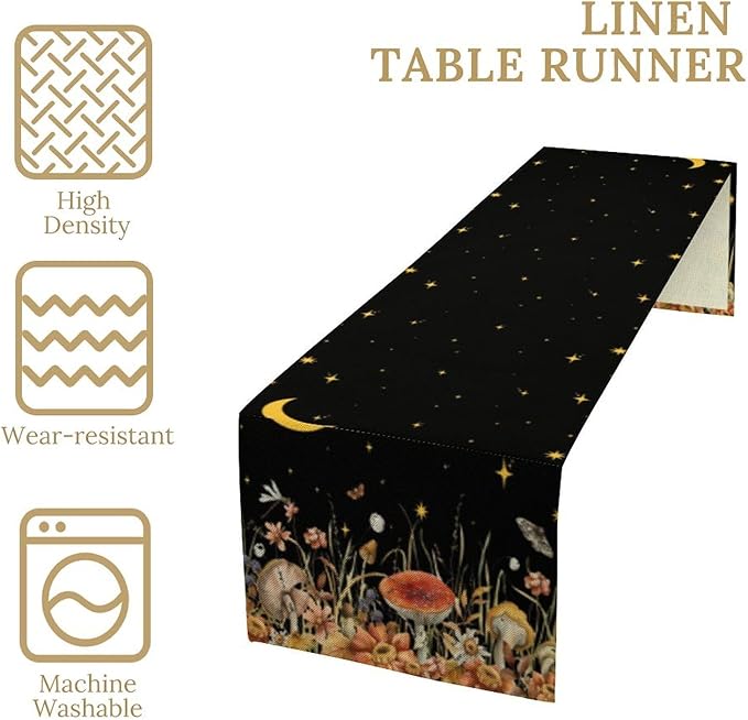 Mushroom Kitchen Table Runner, Gothic Moon Star Plants Witchy Moonlit Flower - Image 4