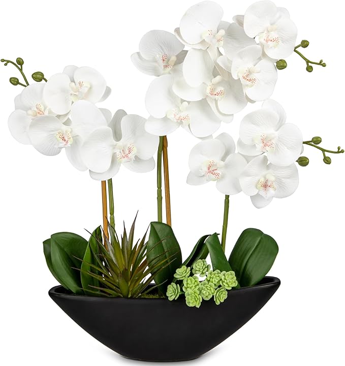 Briful Orchid Fake Flowers 17in White Artificial Orchid Silk Flowers in Black by Briful
