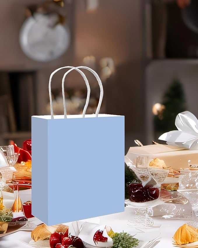 qiqee 50-Packs Gift Bag with Handles Bulk Light Blue Paper Bags Multiple Uses - Image 5