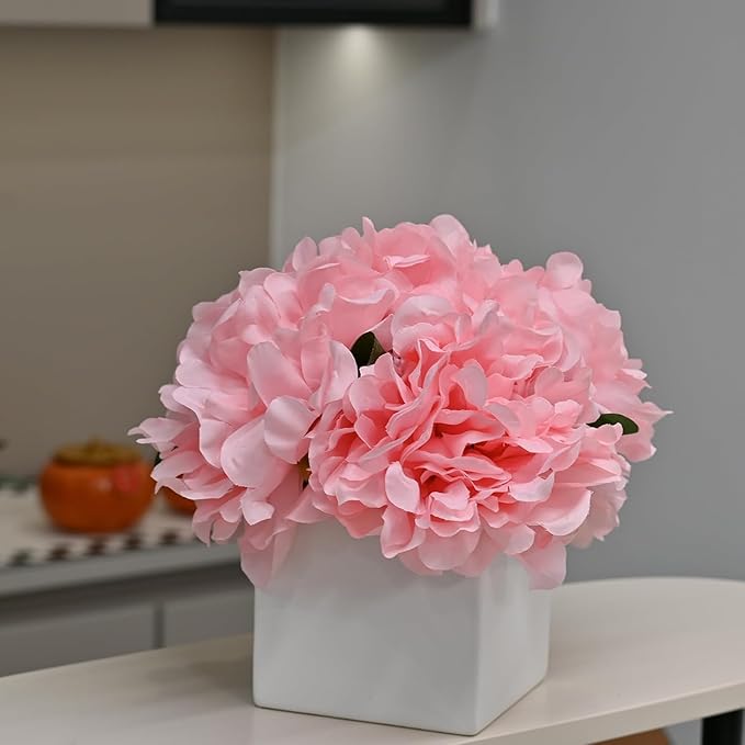 LADADA Artificial Flowers in Square White Ceramic Vase, Fake Peony Bouquet - Image 3