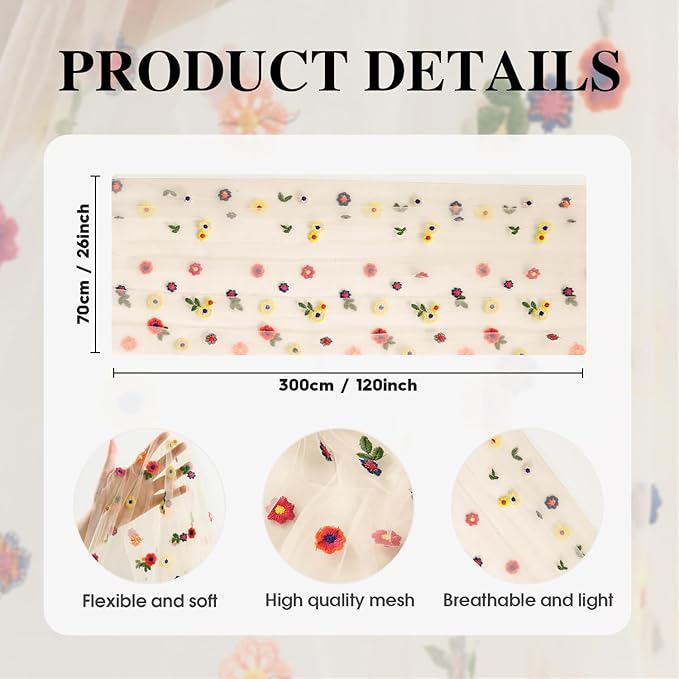 Artoid Mode Champagne Embroidery Daisy Gauze Table Runner 120 Inch 10FT - Image 7