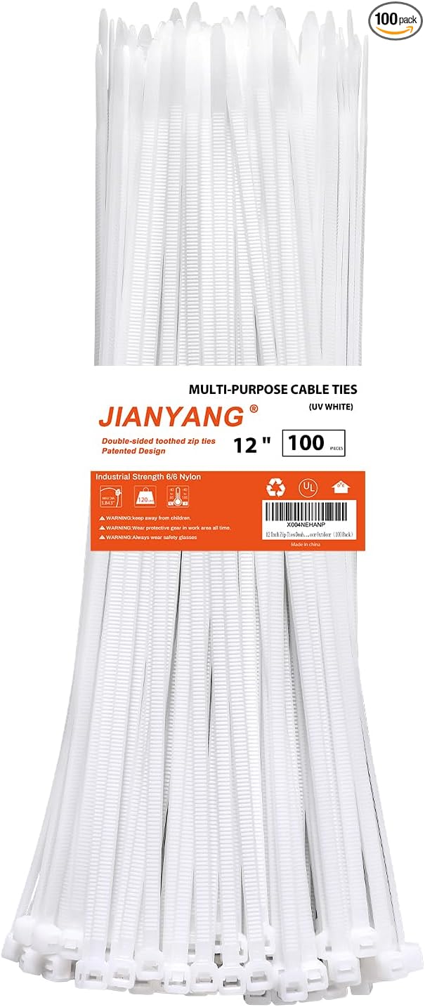 12 Inch White Zip Ties Double Sided Toothed, 120 LBS Tensile Strength Heavy by JIANYANG