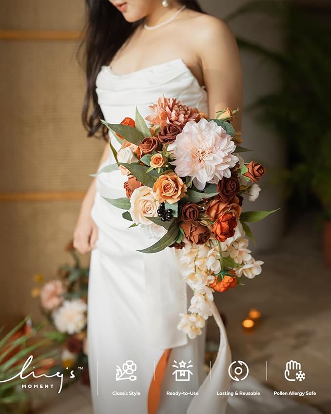 Ling's moment Terracotta Bridal Bouquet Cascading, 13 Inch Bride Bouquets - Image 5