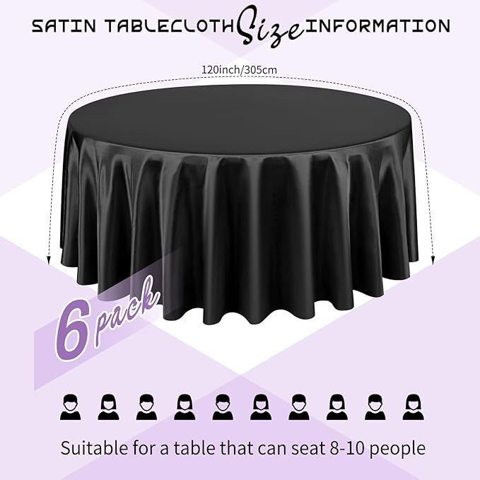 6 Packs Satin Tablecloth 120 Inch Black Round Table Cloth Silk Tablecloth - Image 2