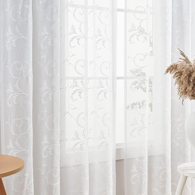 Sheer Curtains White 63 Inch Embroidered Floral, Rod Pocket Voile Drapes - Image 7
