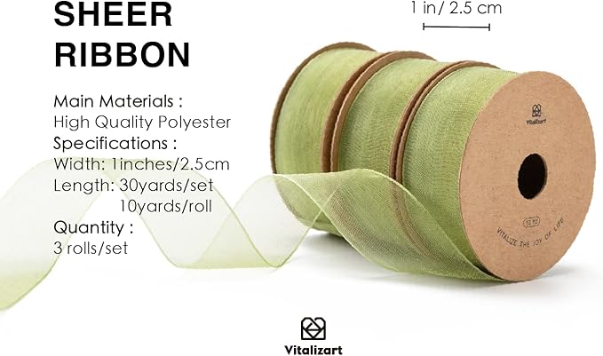 Vitalizart Sage Green Ribbon Organza Sheer Ribbon 1 inch x 30 Yd Handmade - Image 2