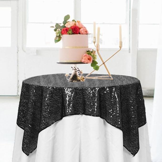 ShinyBeauty Sequin Tablecloth Black 72''x72'' Square Black Glitter Table Cover - Image 4