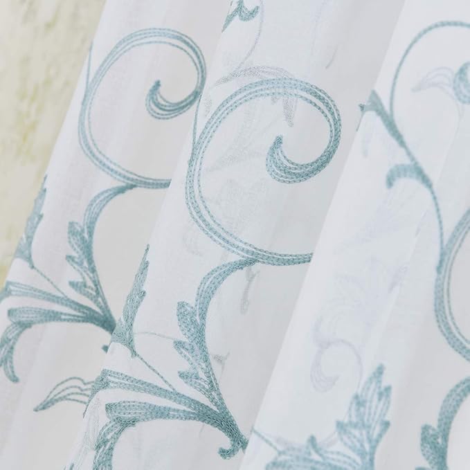 Embroidered Floral Sheer Curtains Blue 63 Inch, Rod Pocket Voile Drapes - Image 2