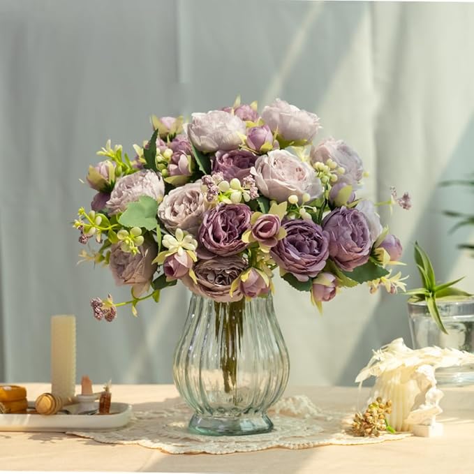 Artificial Peonies Silk Flowers in Glass Vase Faux Flowers Bouquets Modern - Image 2