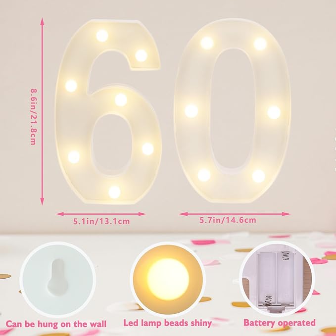 Decorative Led Light Up Numbers, 60th Birthday Decorations, Warm White Led - Image 2