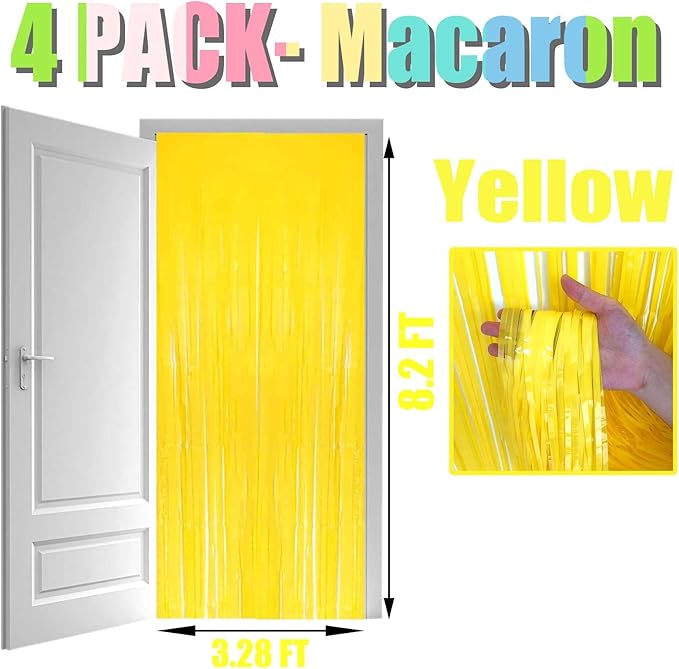 4 Pack Macaron Yellow Foil Fringe Curtain Backdrop, 3.28Ft x 8.2Ft Metallic - Image 2
