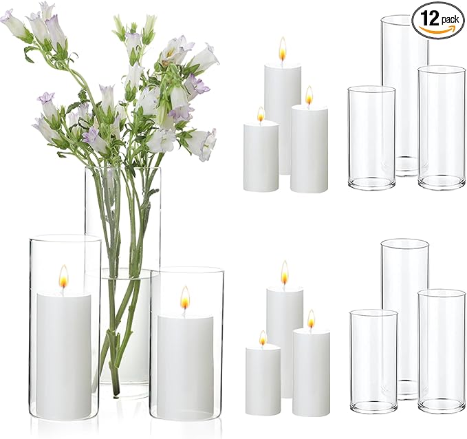 UDU Set of 6 White Pillar Candles and 6 Glass Cylinder Vases Hurricane Holders by Unknown
