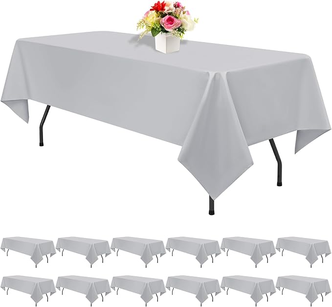 12 Pack Light Grey Tablecloths for Rectangle Tables 60 x 126 Inch Polyester by REWOMC