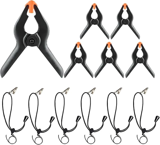 6 Pack 4.5 Inch Heavy Duty Spring Clamps + 6 Pack Backdrop Clips, Elastic Nylon by Vevelux