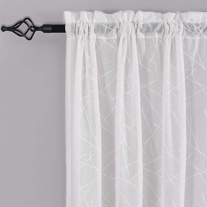 White Sheer Curtains 45 Inch Length, Modern Geometric Embroidery Sheer Rod by MYSTIC-HOME