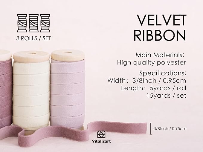 Vitalizart Velvet Ribbon Pink White Set 3/8" x 15 Yd Wooden Spool Fabric Trim 3 - Image 2