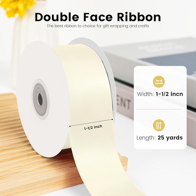 KMER LIFE 1-1/2 inch x 25 Yards Double Faced Polyester Ivory Satin Ribbon - Image 2