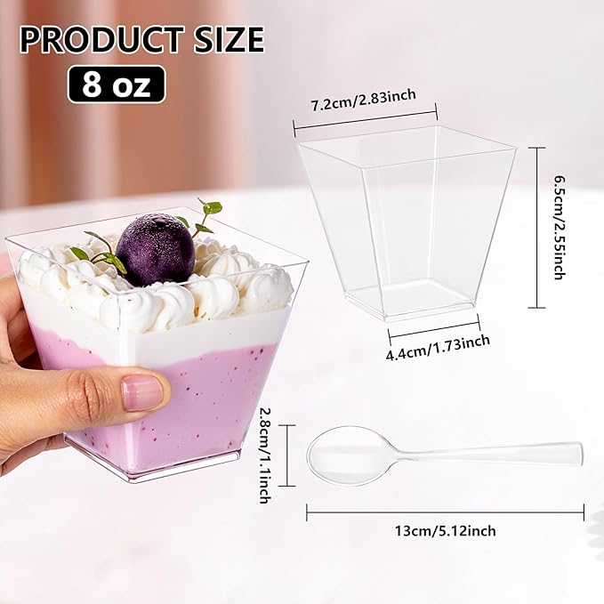 YOUBET 102 PCS Plastic Dessert Cups - 8oz Clear Square Cups - 51 Pack Mini - Image 2