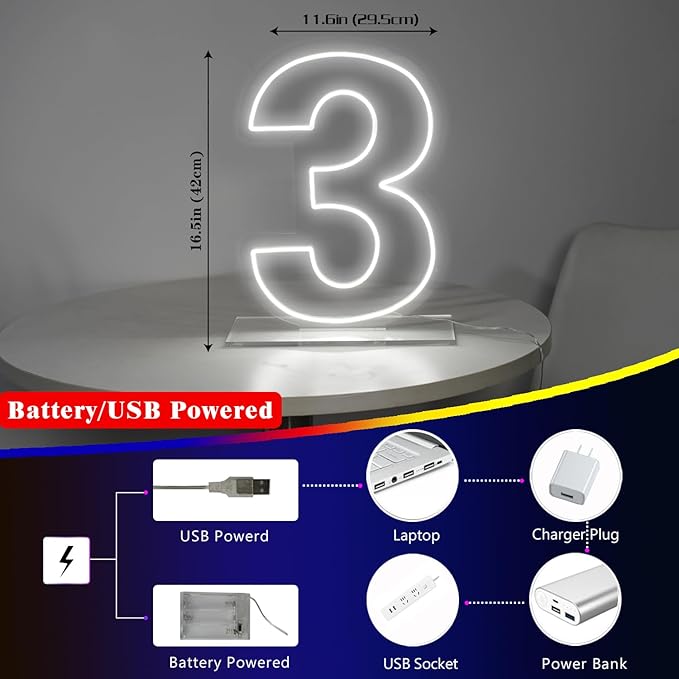 Number 3 Neon Sign for Birthday, 16.54" Cool White USB Battery Powered Led Neon - Image 6