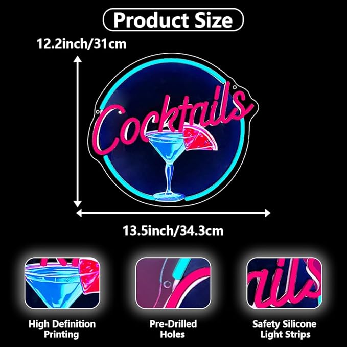 Cocktails Neon Signs for Wall Decor, UV Print Cocktails Glass LED Neon Light Up - Image 4