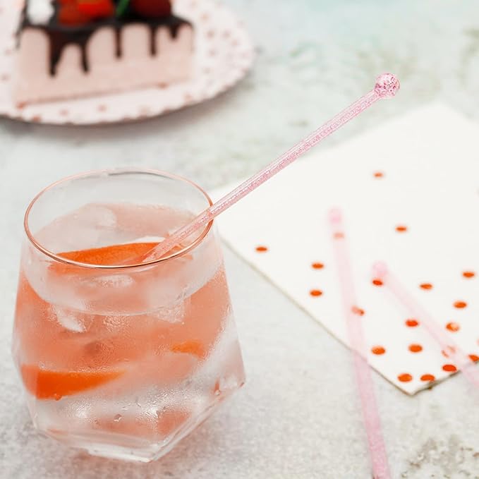 100-PCS Pink Glitter Plastic Swizzle Sticks, Crystal Cake Pops, Cocktail Coffee - Image 2