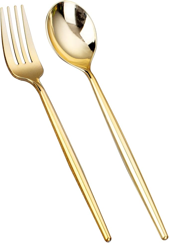 SUT 100PCS Gold Plastic Forks and Spoons Heavy Duty Set, Plastic Flatware by SeeYouTomorrow