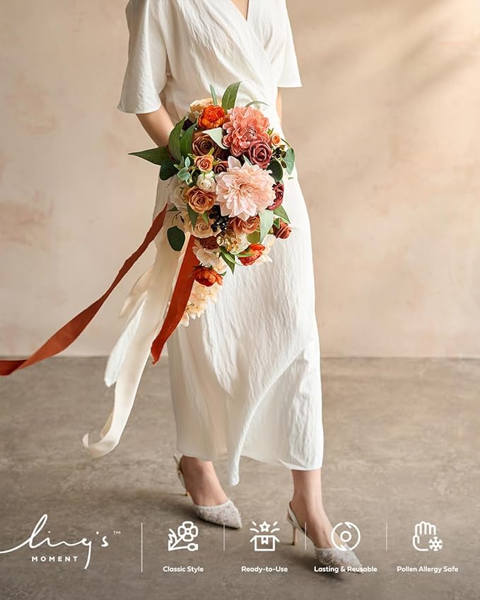 Ling's moment Terracotta Bridal Bouquet Cascading, 13 Inch Bride Bouquets - Image 7