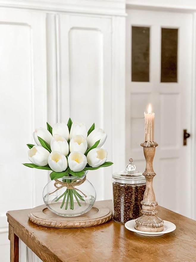 DILATATA Tulips Artificial Flowers in Vase White Fake Flowers Centerpiece - Image 5
