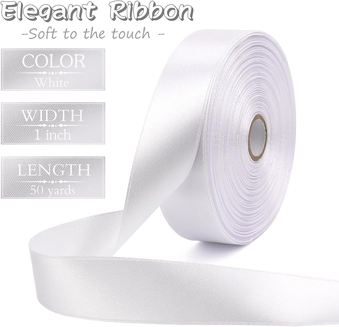 White Solid Satin Ribbon 1 Inch 50 Yards Solid Polyester Fabric Ribbon - Image 2