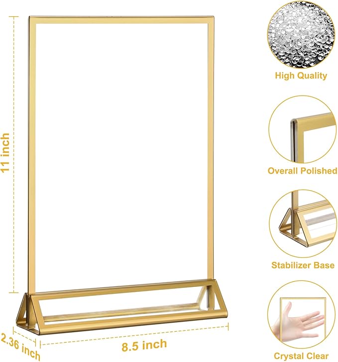 EHWINE 4 Pack Acrylic Sign Holder 8.5 x 11, Double Sided Gold Picture Frame - Image 4