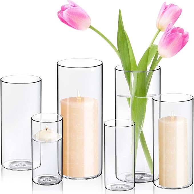 WDHODEC Cylinder Flower Vases 6PCS, Hurricane Candle Holders Pillar Votives by WDHODEC
