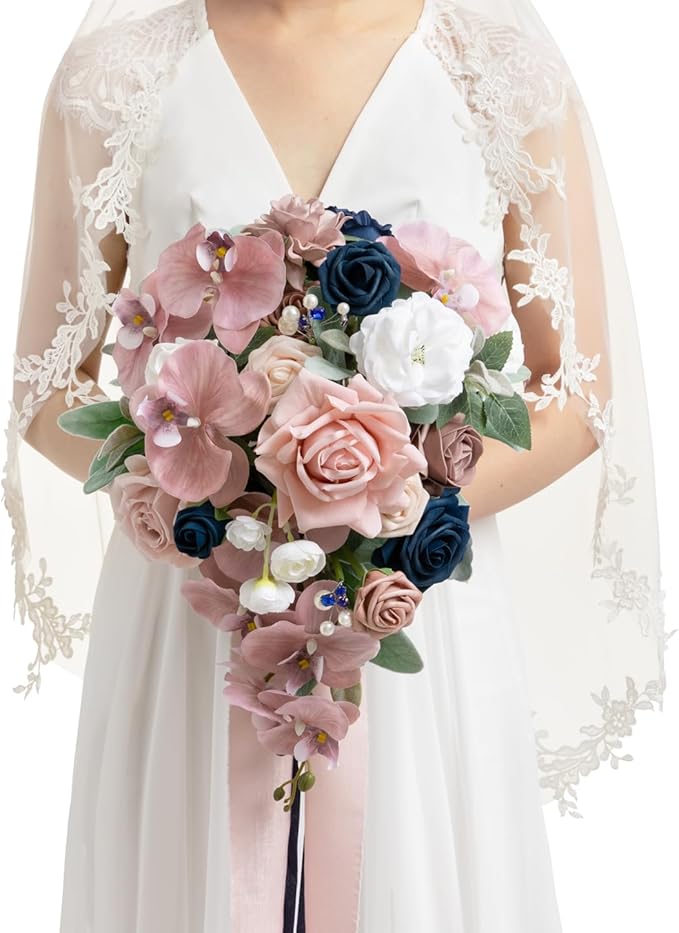 Ling's moment Pink Blue Bridal Bouquet Cascading, Dusty Rose Navy Wedding by LingsMoment