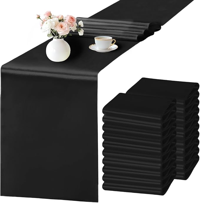 SHEJIZE 20 Pack Black Satin Table Runner 12x108 Inches Long, Bright Silky by SHEJIZE