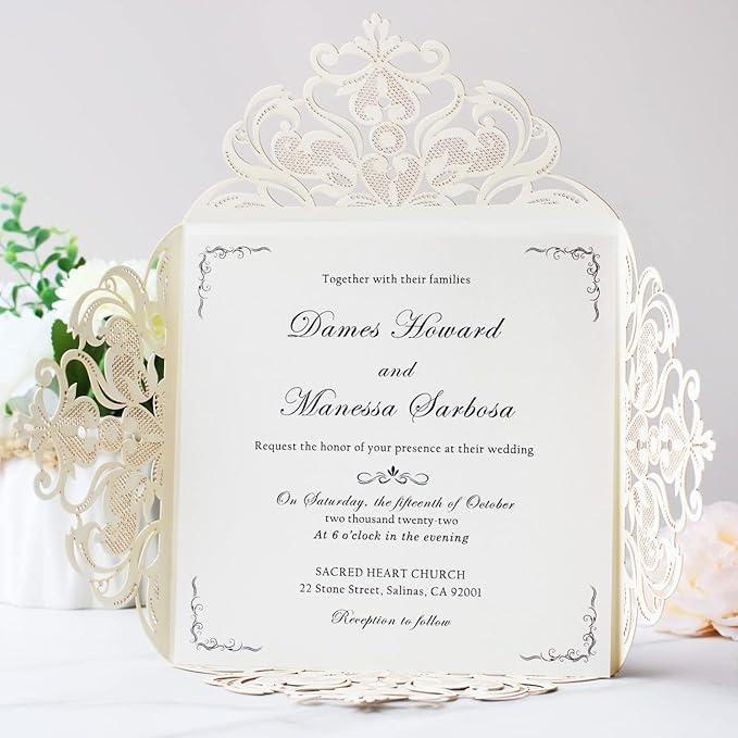Hosmsua 6.3 x 6.3 Inch 50PCS Gold Glitter Laser Cut Wedding invitation Cards - Image 4