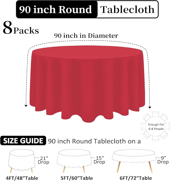 8 Pack Red Round Tablecloth 90 Inch Red Table Cloth Stain and Wrinkle Resistant - Image 2