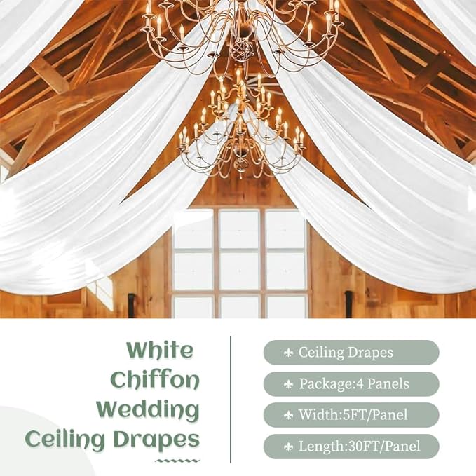 4 Panels White Wedding Ceiling Drapes 5ftx30ft Ceiling Drapes Chiffon Fabric - Image 2