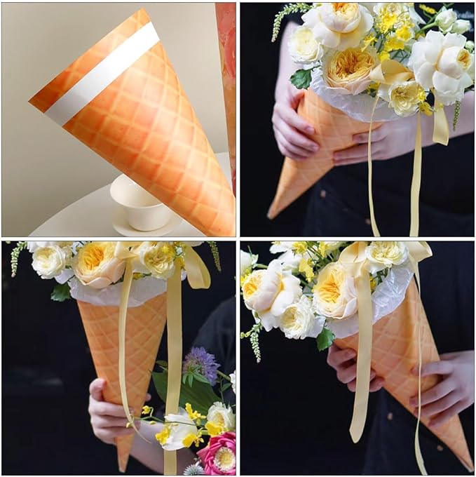 LUOZZY 10PCS Ice Cream Cone Flower Bouquet Wrapping Paper Petal Cones - Image 6