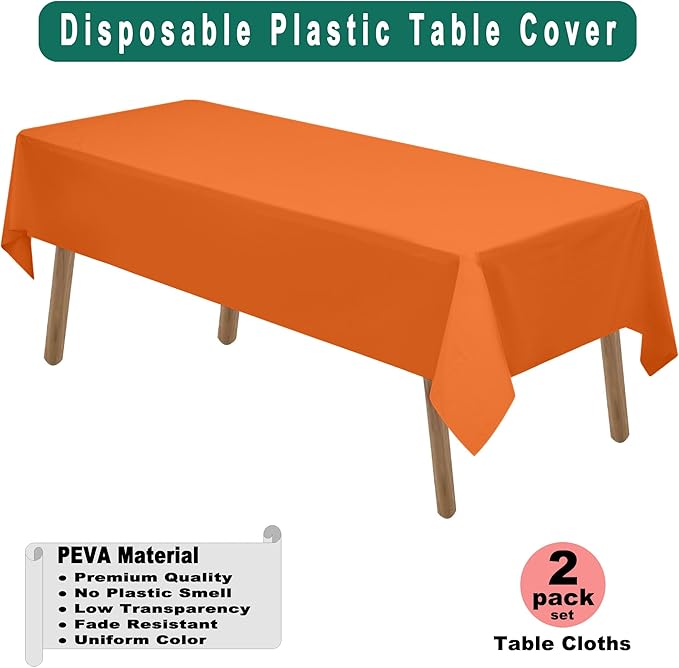 PARTY ULYJA Orange Plastic Tablecloths 2 Pack Disposable Table Covers 54 x 108 - Image 2