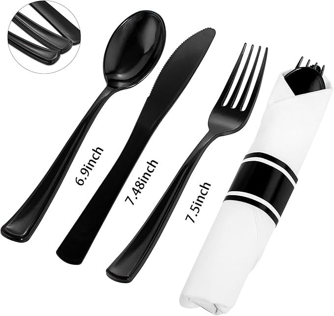 Supernal 60 Pack Hevy Duty Rolled Black Plastic Silverware, Pre Wrapped Cutlery - Image 7