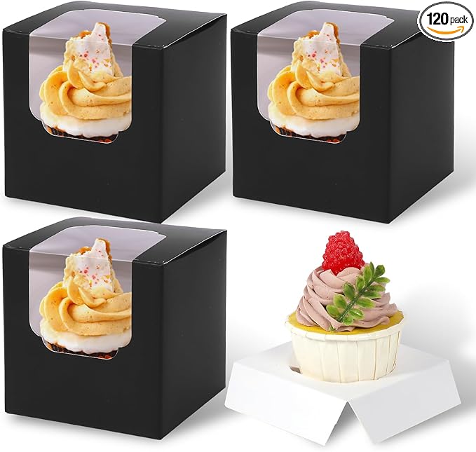 JCD 120 Boxes+120 Inserts Black Cupcake Boxes Individual Cupcake Container 3.5" by JCD