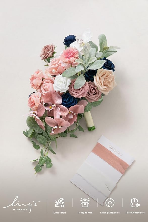Ling's moment Dusty Rose Navy Blue Bridal Bouquet Cascading, 15 Inch Silk - Image 6