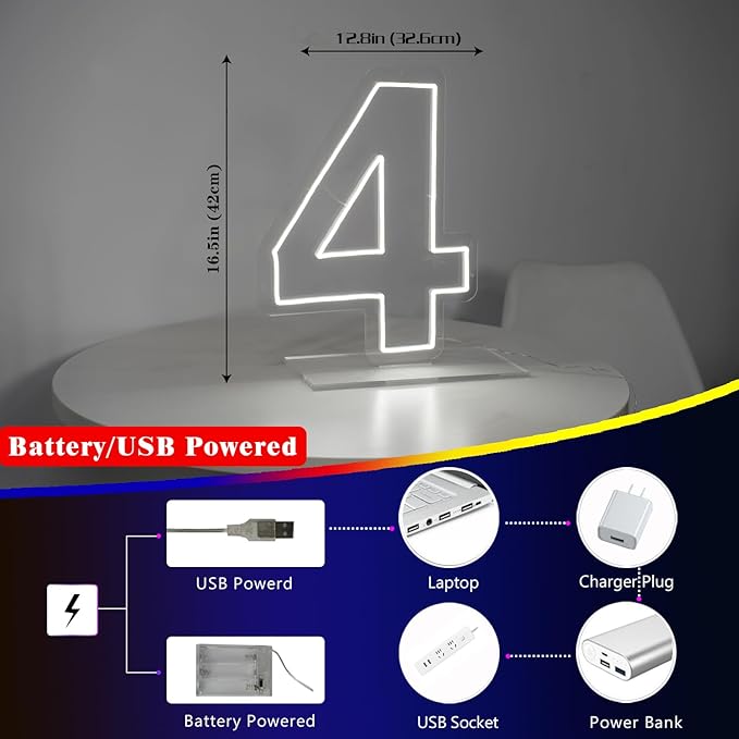 Number 4 Neon Sign for Birthday, 16.54" Cool White USB Battery Powered One Neon - Image 7