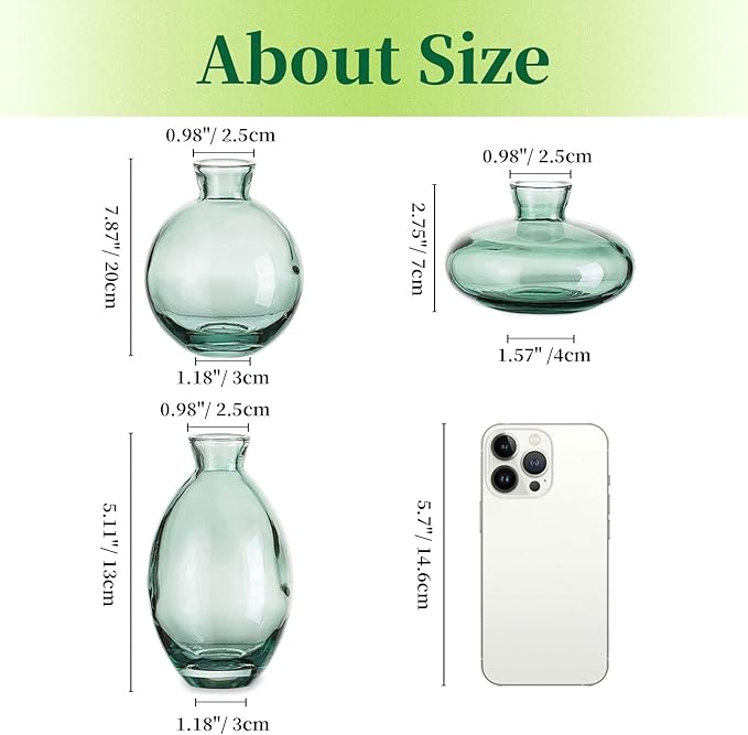 Glass Bud Vases Set of 3, Hewory Cute Green Small Vases Handmade, Mini Glass - Image 3